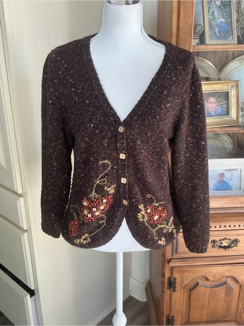 Brown pumpkin embroideredV-Neck Women's Sweater Cardigan hand embroidered ramie